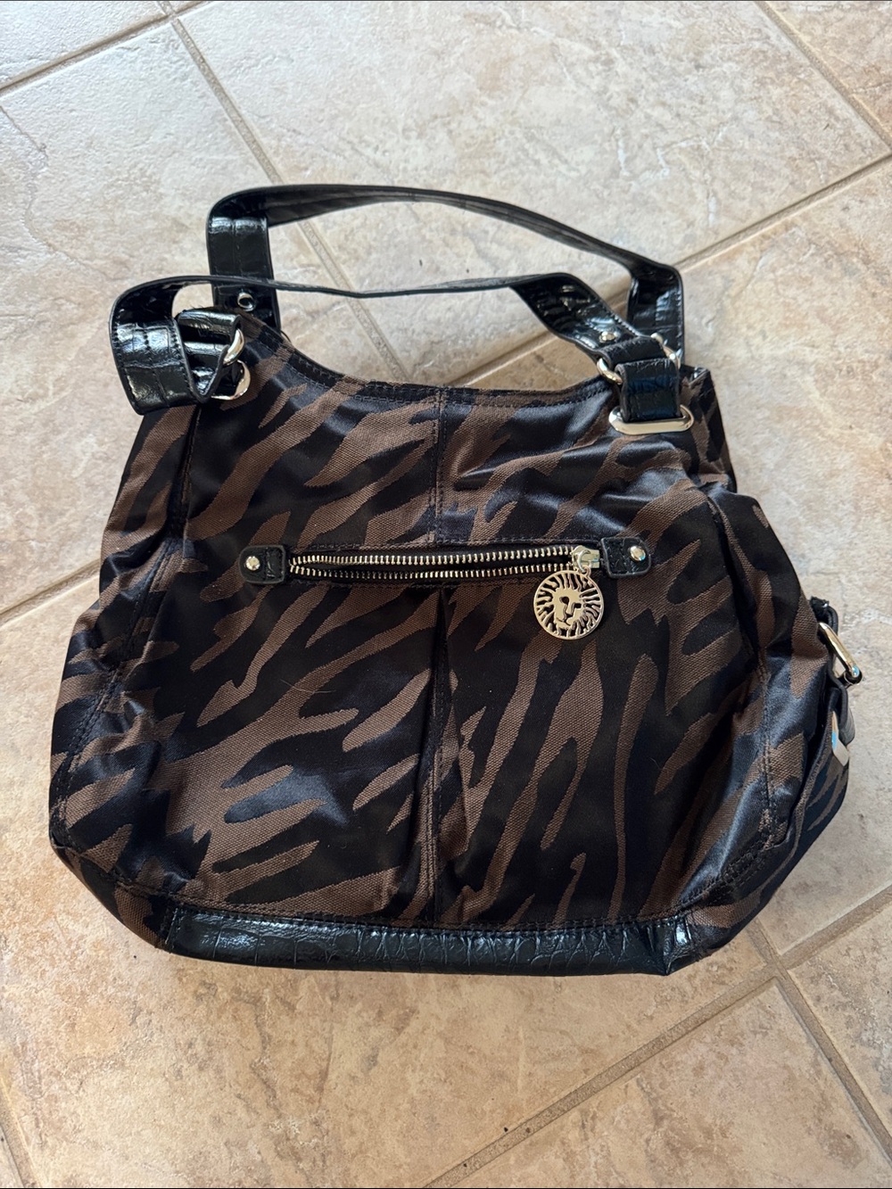 Black and Brown Tiger-Print Tote Bag with Gold Accent